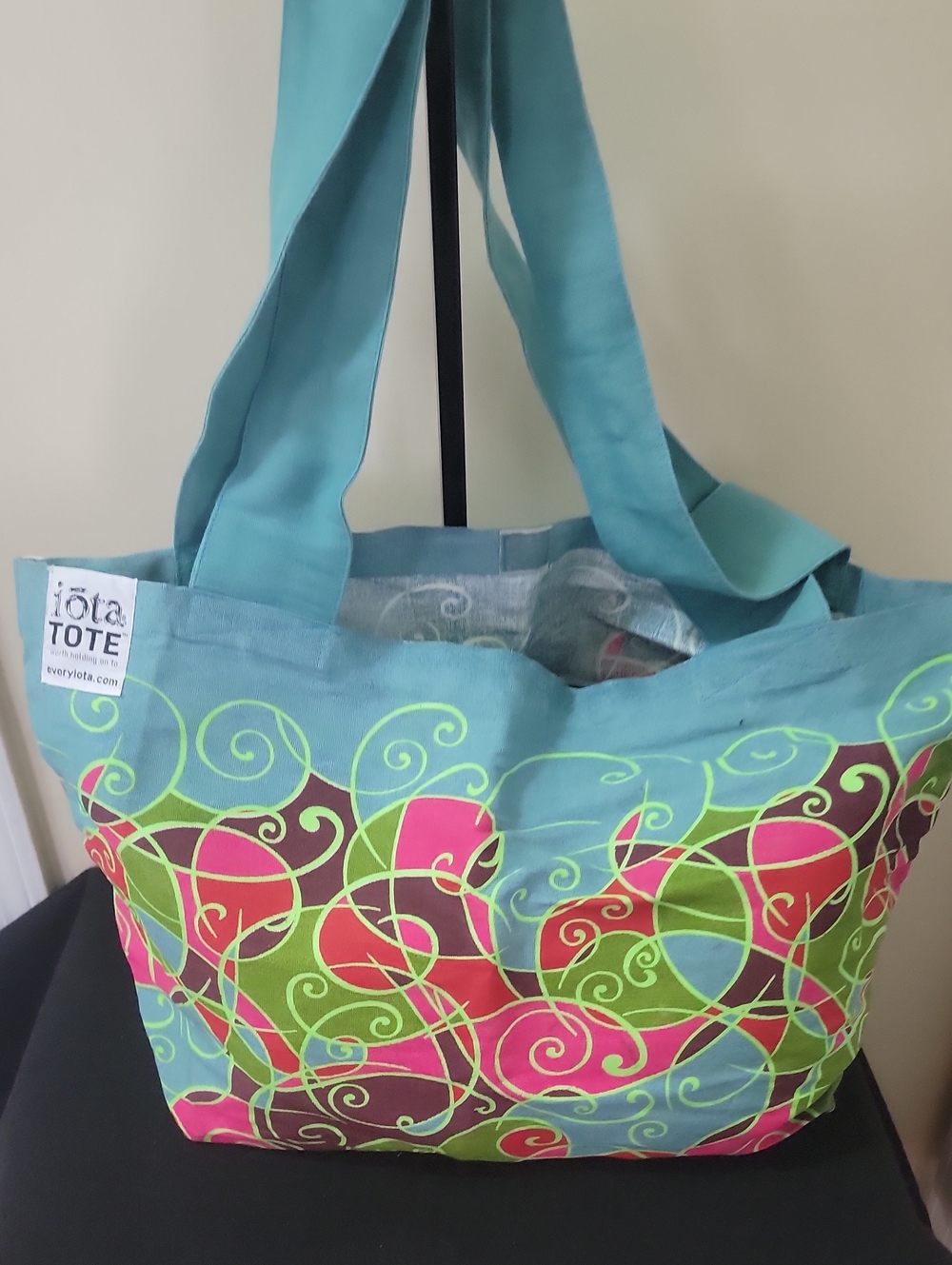 Teal Canvas Tote Bag with Pink & Green Swirl Print